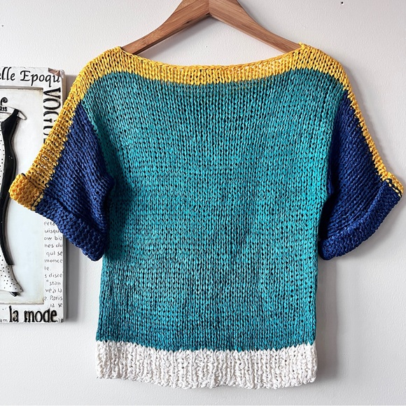 Vintage 80s Gabani Color-block Women's Open Weave Short Sleeve Sweater Size M - Picture 6 of 14
